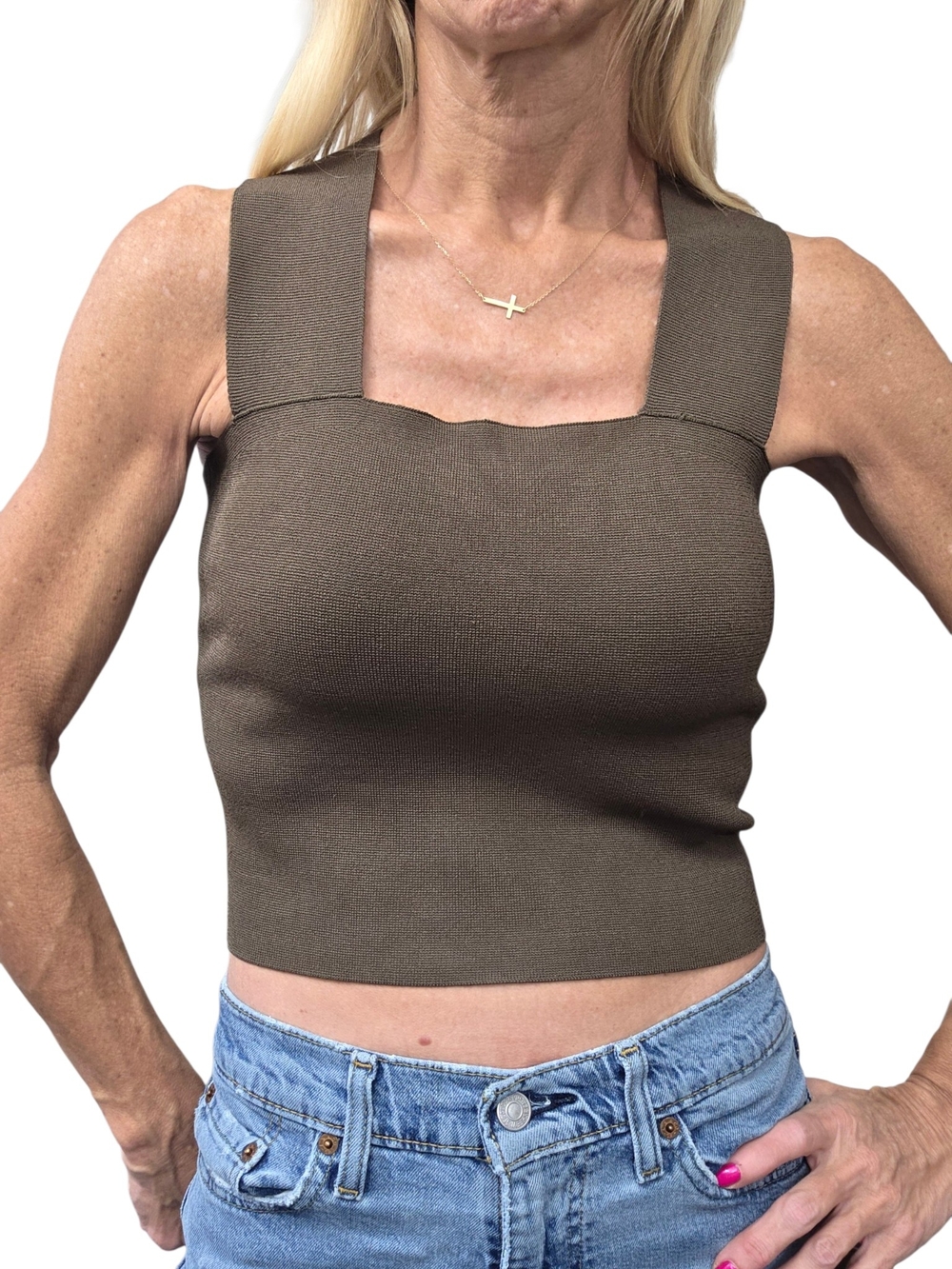 A.L.C. Brown Square Neck Stretch Knit Crop Tank Top S